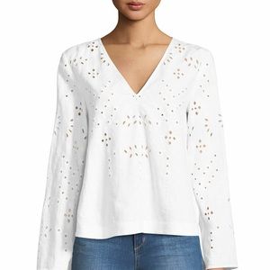 Theory Womens Relaxed Eyelet Pullover Linen Blouse White Sz P (XS)